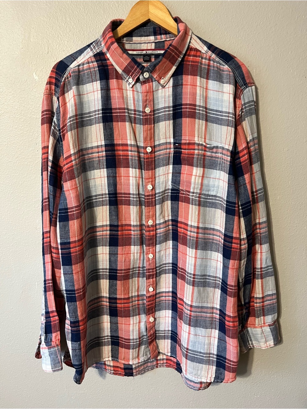 Plaid Tommy Hilfiger Long Sleeve Button Down Causal Shirt Cotton Linen Blend XXL